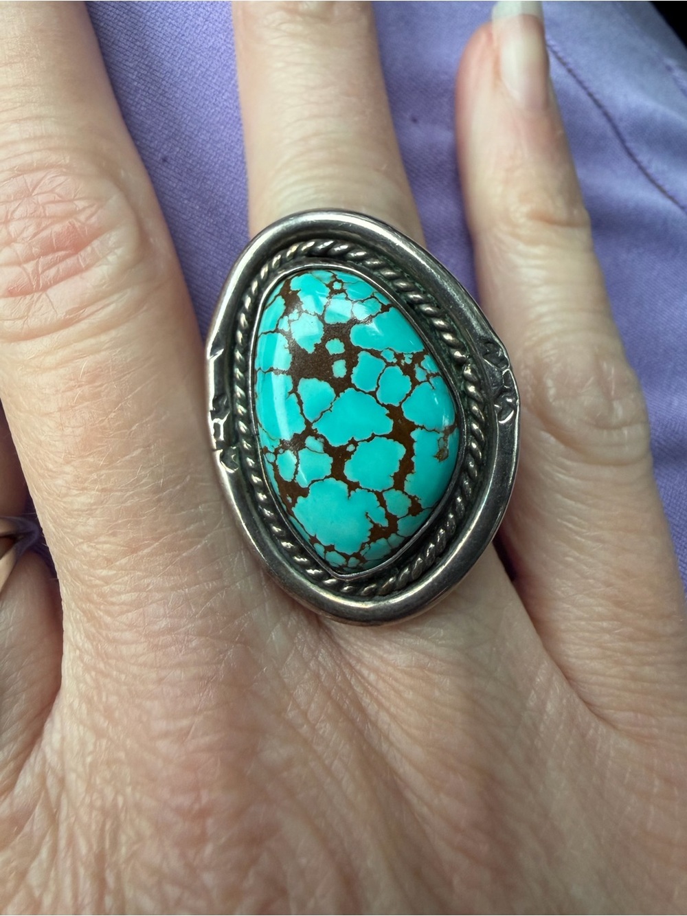 Vintage Navajo Spiderweb Turquoise & Sterling Silver Ring Big Stone 5.75 Signed
